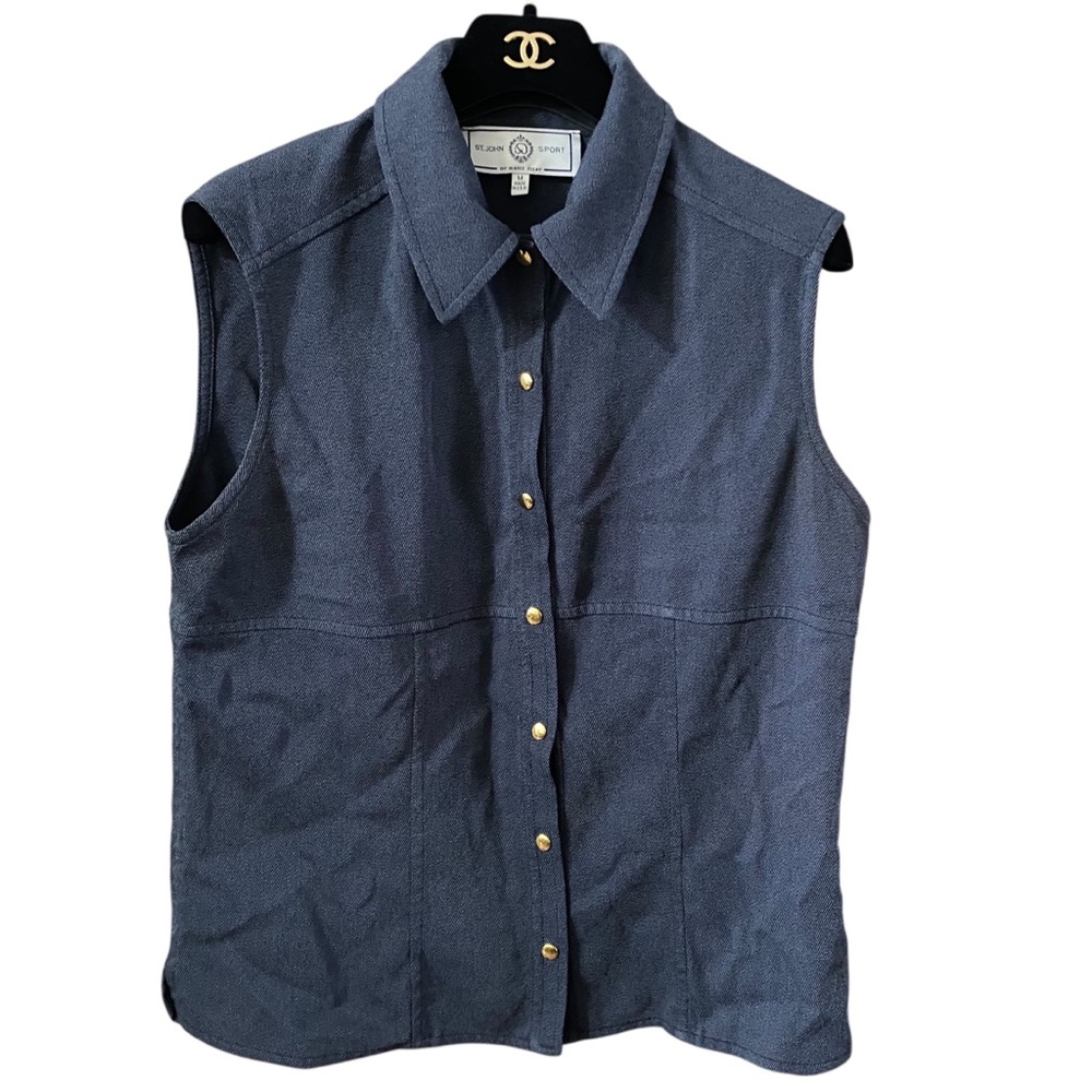 ST.John Sport Sleeveless Gold Snap Front Shirt - Navy Size M